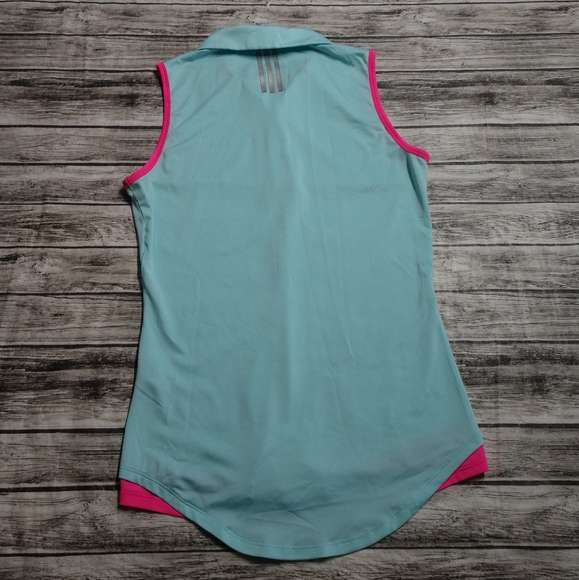 Women's Small Adidas Collared Tank Top Muscle Shirt Blue with Neon Pink Trim, Ex - Picture 2 of 9